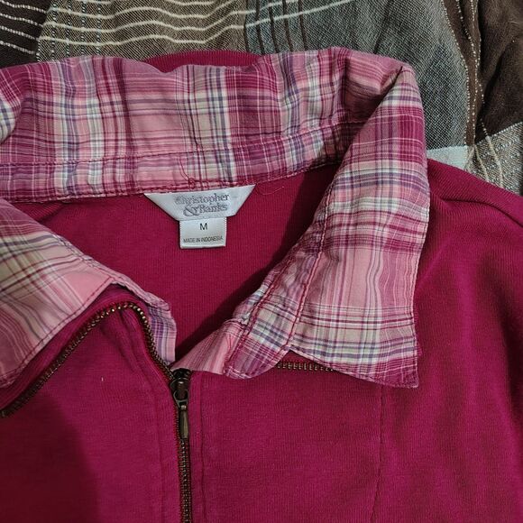 Christopher Banks Blouse Sz M Womens Top Pink Knit Plaid Collar/Cuff Zip - Picture 4 of 8